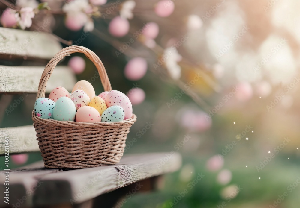Spring flowers in a pastel basket beside colorful Easter eggs in a serene outdoor setting Spring flowers in a pastel basket beside colorful Easter eggs in a serene outdoor setting