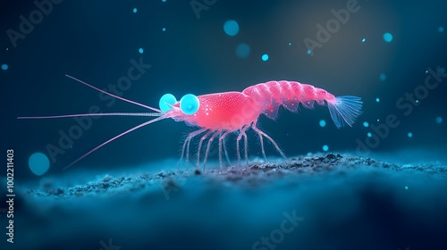 Stunning photograph of a captivating bioluminescent shrimp glowing brightly in the dark waters of the deep sea showcasing the mesmerizing natural phenomenon of marine bio luminescence photo