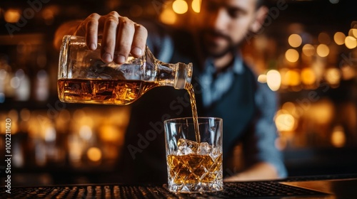 Bartender Pouring Whiskey into a Glass with Ice