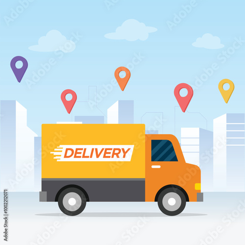Delivery service truck on map.  Online app tracking, city background