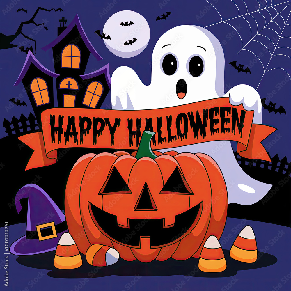 A Halloween themed poster with a ghost and a pumpkin A Halloween themed poster with a ghost and a pumpkin
