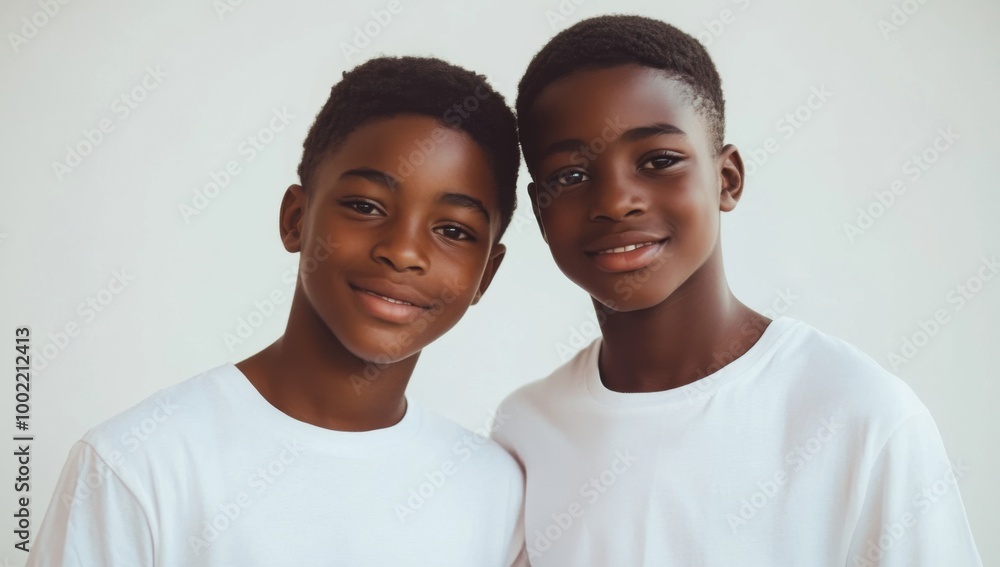 close-up photo of two young black teenage boys wearing white t-shirts mockup, smiling at the camera, against white background close-up photo of two young black teenage boys wearing white t-shirts mockup, smiling at the camera, against white background
