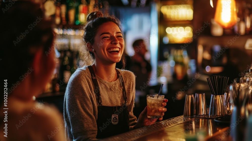 A Bartender Smiles as She Holds a Cocktail at a Bar A Bartender Smiles as She Holds a Cocktail at a Bar