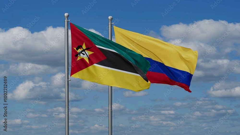 Colombia and Mozambique flags flying together, video concept of the relationship, two country cooperation concept Colombia and Mozambique flags flying together, video concept of the relationship, two country cooperation concept