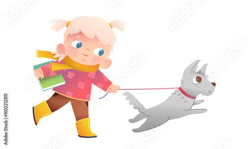 Little Blonde Girl Playing and walking with Dog or Puppy on leash. Cute child holding book and her dog, elementary school and kindergarten cartoon. Vector graphic design illustration for kids.
