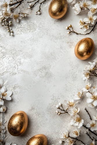 Beautifully arranged golden eggs among delicate white blossoms on a textured ...