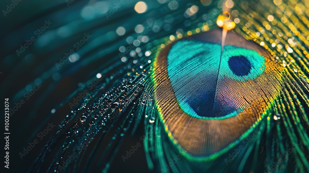 Naklejka premium Peacock feather close-up with water drops Feathers vary from green to blue