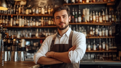 Portrait of a Confident Bartender with Arms Crossed Behind a Bar Counter