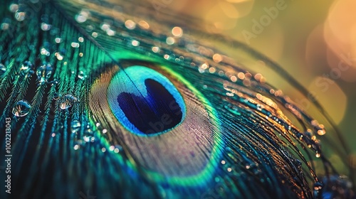   A close-up of a peacock's feather with droplets on its blue and green feathers photo