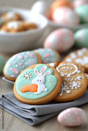 Decorated Easter cookies with pastel colors and a festive theme on a wooden t...
