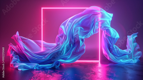 A vibrant, abstract composition featuring flowing fabric illuminated by neon pink and blue lights, set against a dark background with a geometric frame.