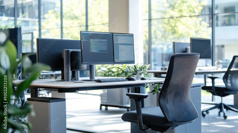 A tech-driven office workspace with dual monitors, ergonomic furniture, and advanced technology tools for maximum productivity. A tech-driven office workspace with dual monitors, ergonomic furniture, and advanced technology tools for maximum productivity.