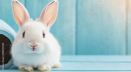 Adorable white rabbit resting against a pastel blue background in a playful pose
