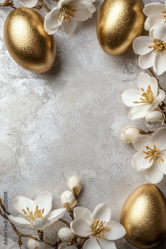 Beautifully arranged golden eggs among delicate white blossoms on a textured ...