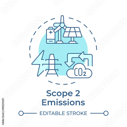 Scope 2 emissions soft blue concept icon. Electrification, manufacturing. Co2 pollution. Round shape line illustration. Abstract idea. Graphic design. Easy to use infographic, presentation