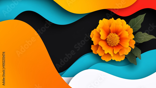 A vibrant, abstract design featuring flowing waves of color and a bright orange flower, creating a bold and dynamic visual impact.