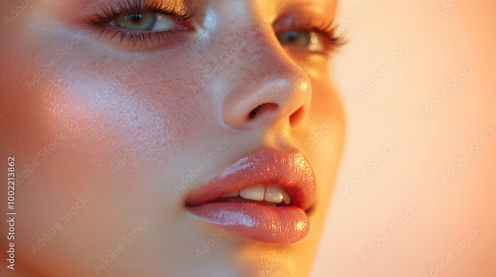 Naklejka premium Stunning close-up of a woman's face showcasing radiant skin and captivating eyes with a soft, warm background.