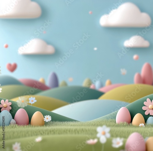 Colorful spring landscape with easter eggs and flowers under a bright sky