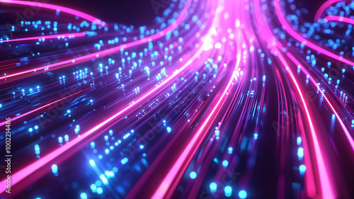 A vibrant display of flowing neon lights in pink and blue, creating a dynamic and energetic digital landscape.