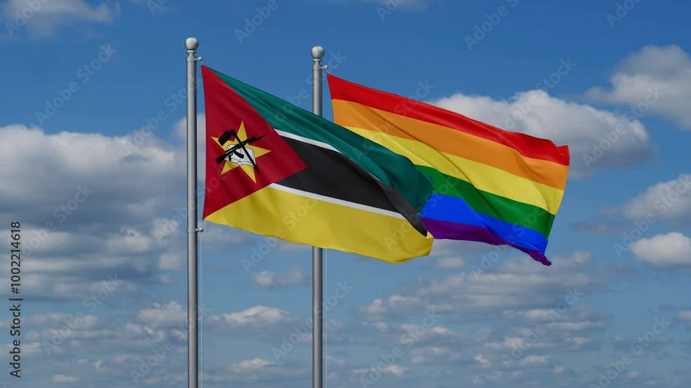 LGBT movement flag also Gay Pride and Mozambique two flags waving cycle looped video, tolerance conception in country LGBT movement flag also Gay Pride and Mozambique two flags waving cycle looped video, tolerance conception in country