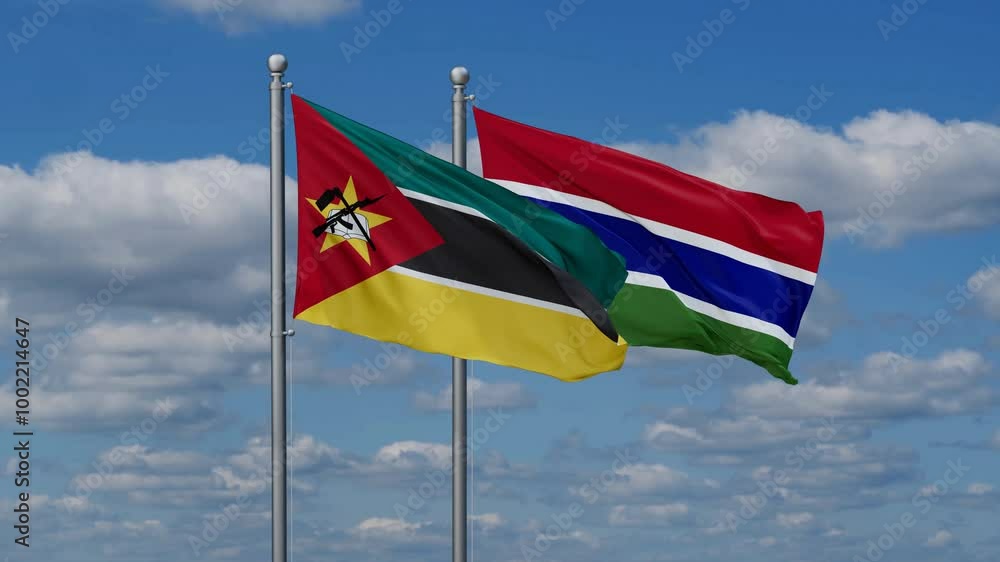Gambia and Mozambique flags flying together, video concept of the relationship, two country relations concept Gambia and Mozambique flags flying together, video concept of the relationship, two country relations concept