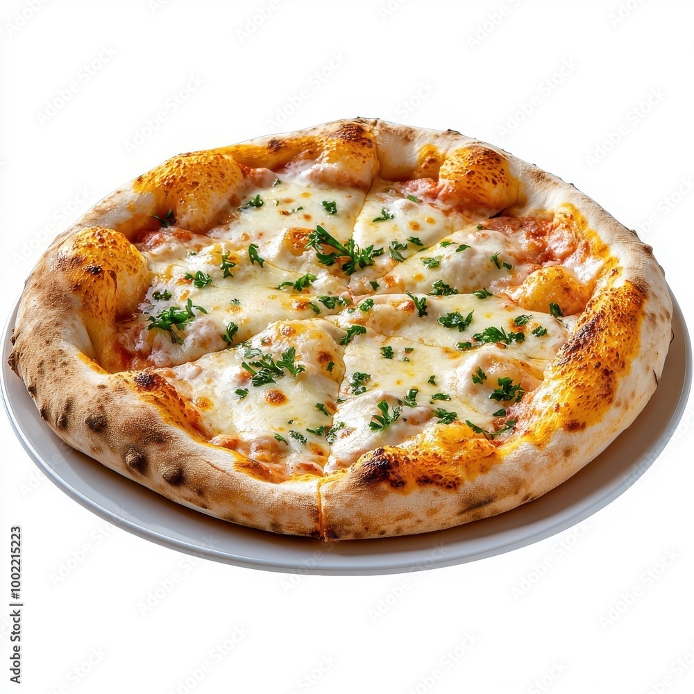 Pizza Quattro Formaggi on a plate, isolated on a white background, with bubbling cheese. Pizza Quattro Formaggi on a plate, isolated on a white background, with bubbling cheese.