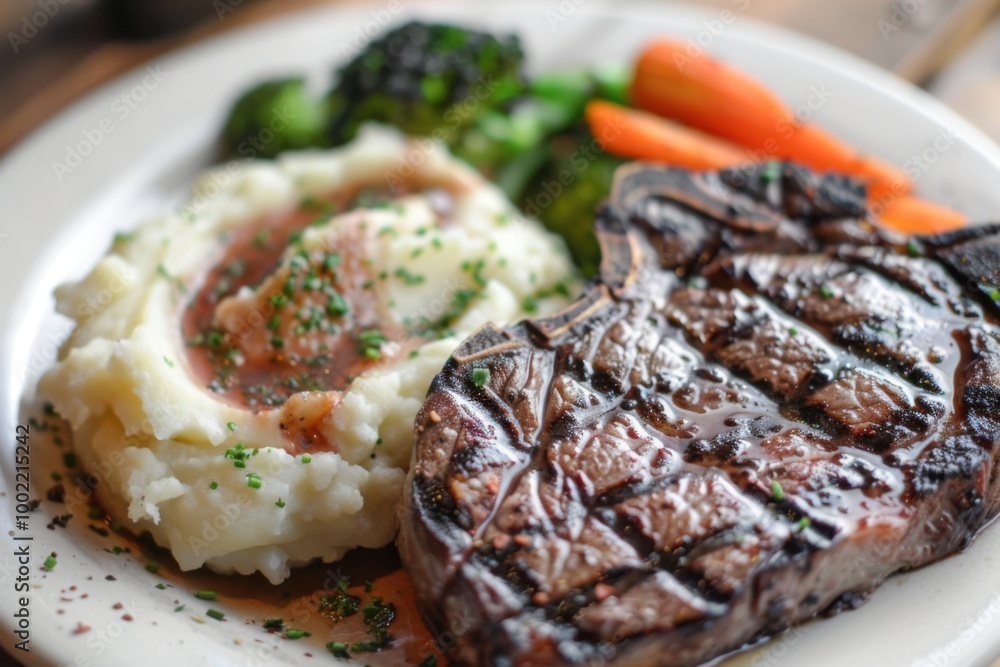 A perfectly cooked steak with a side of garlic mashed potatoes and steamed vegetables A perfectly cooked steak with a side of garlic mashed potatoes and steamed vegetables
