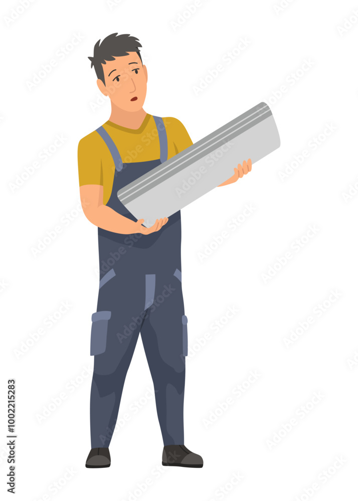 Air conditioner service technician working, flat vector illustration isolated on white background. Cooling system repair, cleaning, maintenance and installation. Air conditioner service technician working, flat vector illustration isolated on white background. Cooling system repair, cleaning, maintenance and installation.