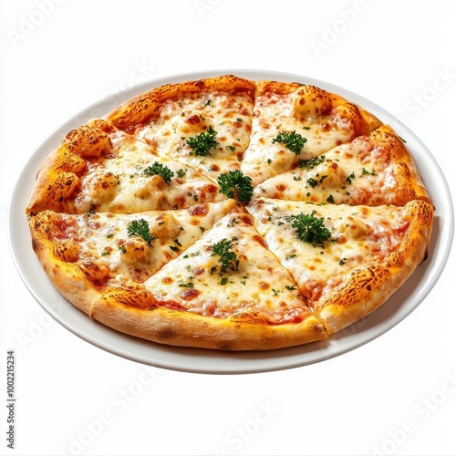 Pizza Quattro Formaggi on a plate, isolated on a white background, with bubbling cheese.