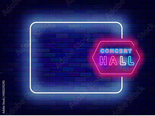 Concert hall neon announcement. Empty white frame and typography. Geometric shape. Music festival event. Light greeting card. Copy space. Editable stroke. Vector stock illustration