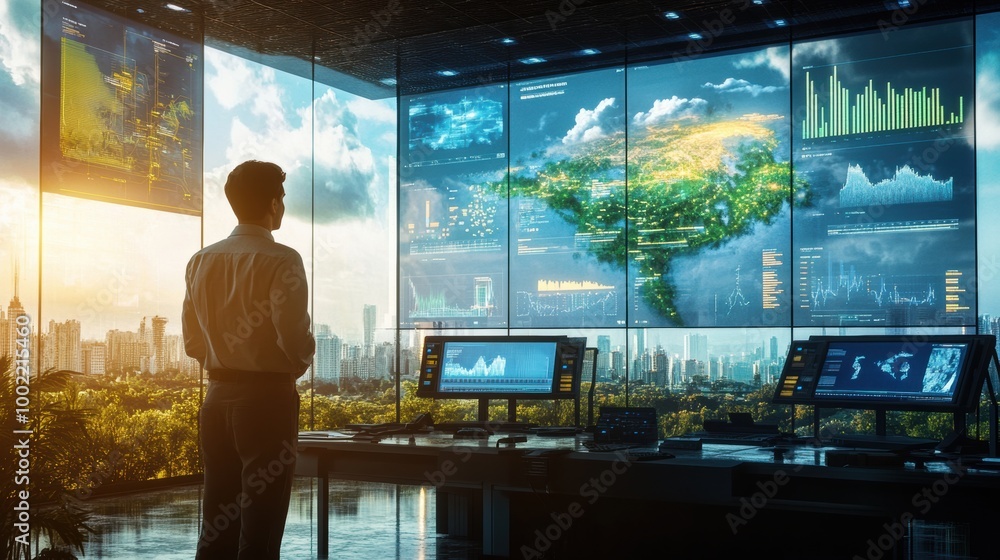 A climate change analyst monitors real-time data in a futuristic control room with eco-friendly city views and green landscapes. Generative AI A climate change analyst monitors real-time data in a futuristic control room with eco-friendly city views and green landscapes. Generative AI