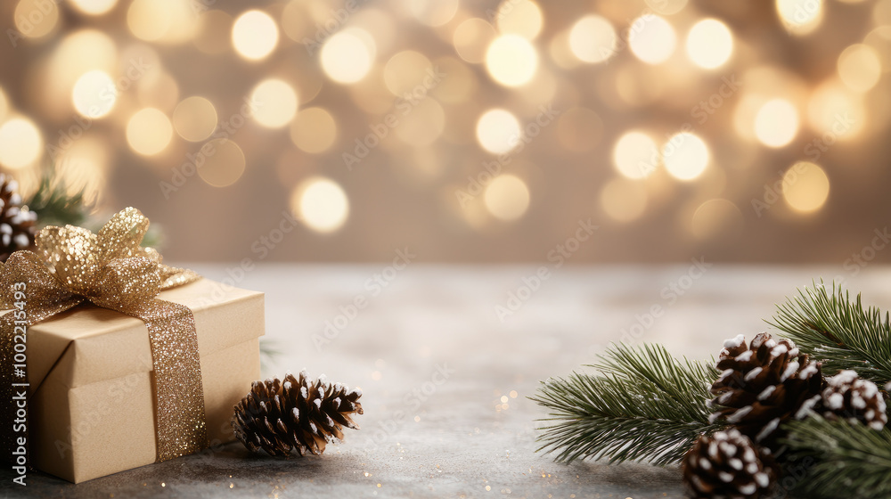 Obraz premium Festive Holiday Scene, vibrant gift boxes, pine cones, lush branches, shimmering bokeh garlands, evoking warmth and celebration.