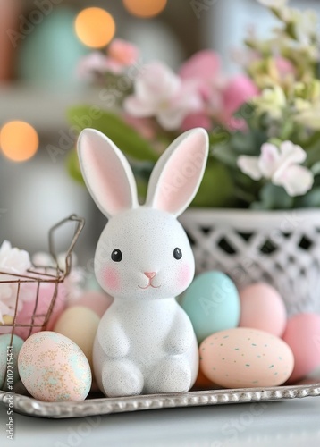 A cute white rabbit surrounded by colorful Easter eggs and spring flowers in ...