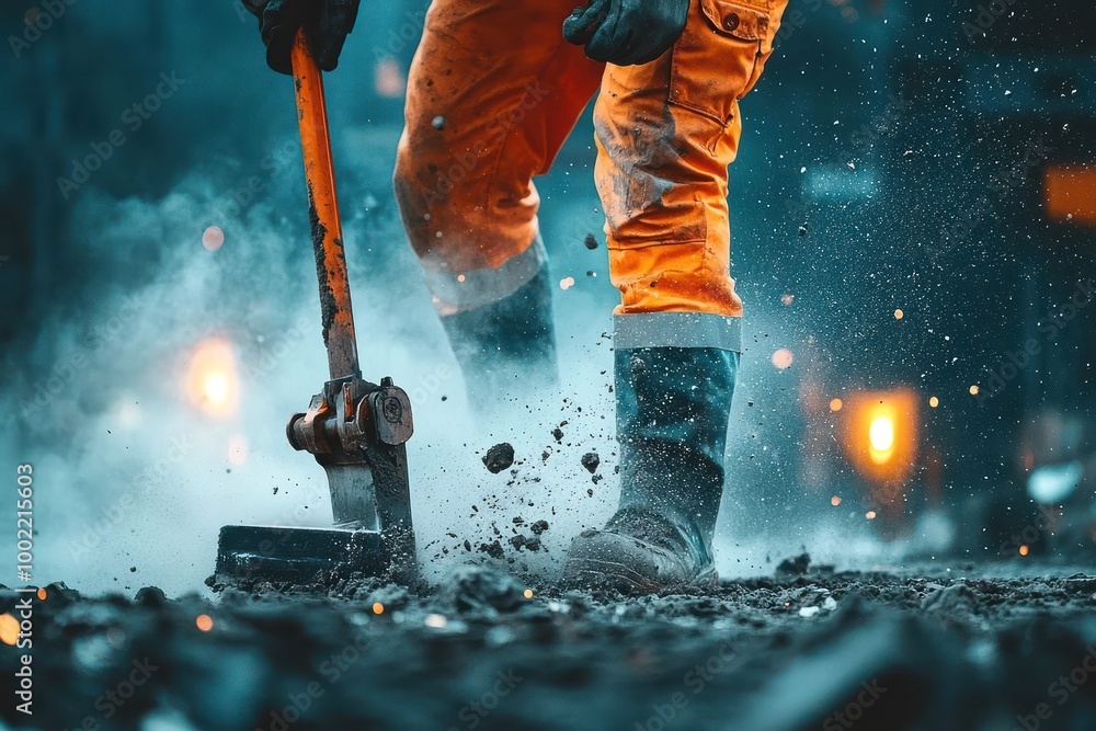 A construction worker using a jackhammer to break up asphalt. A construction worker using a jackhammer to break up asphalt.