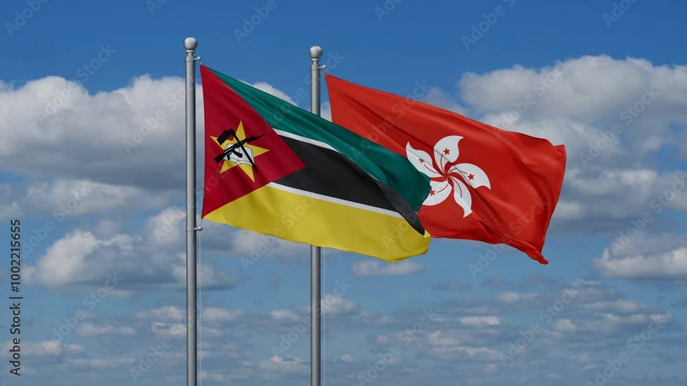 Hong Kong and Mozambique flags flying together, video concept of the relationship, two country relations concept Hong Kong and Mozambique flags flying together, video concept of the relationship, two country relations concept