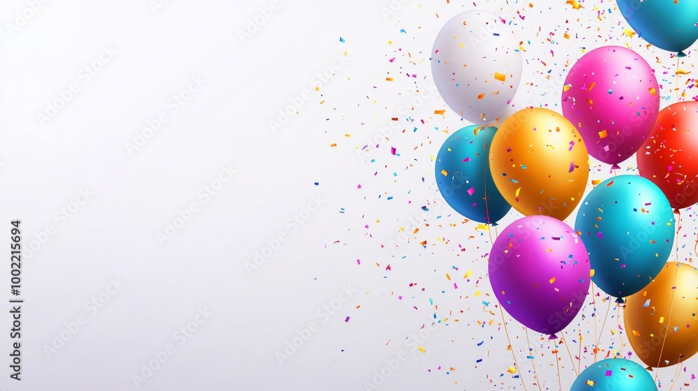 Happy birthday background with colorful balloons and confetti on a white background Happy birthday background with colorful balloons and confetti on a white background