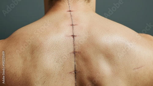 An image shows a back scar from surgery, with the surrounding skin fully healed.