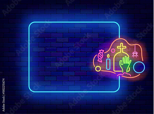 Happy Halloween neon flyer. Announcement for sale and party. Empty frame and cemetery. Cinco de Mayo Mexican holiday. October scary event. Light advertising. Copy space. Vector stock illustration