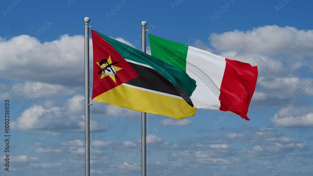 Italy and Mozambique flags flying together, video concept of the relationship, two country cooperation concept Italy and Mozambique flags flying together, video concept of the relationship, two country cooperation concept