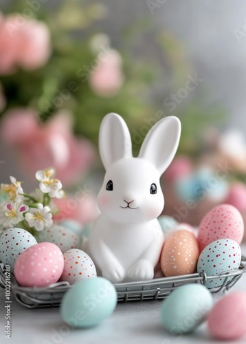 A cute white rabbit surrounded by colorful Easter eggs and spring flowers in ...