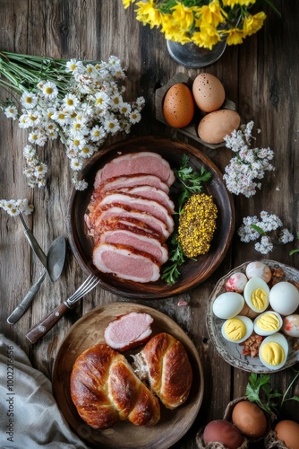 A rustic table arrangement featuring sliced ham, eggs, and fresh flowers in a...