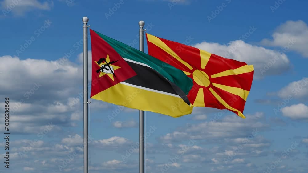 Mozambique and North Macedonia flags flying together, video concept of the relationship Mozambique and North Macedonia flags flying together, video concept of the relationship