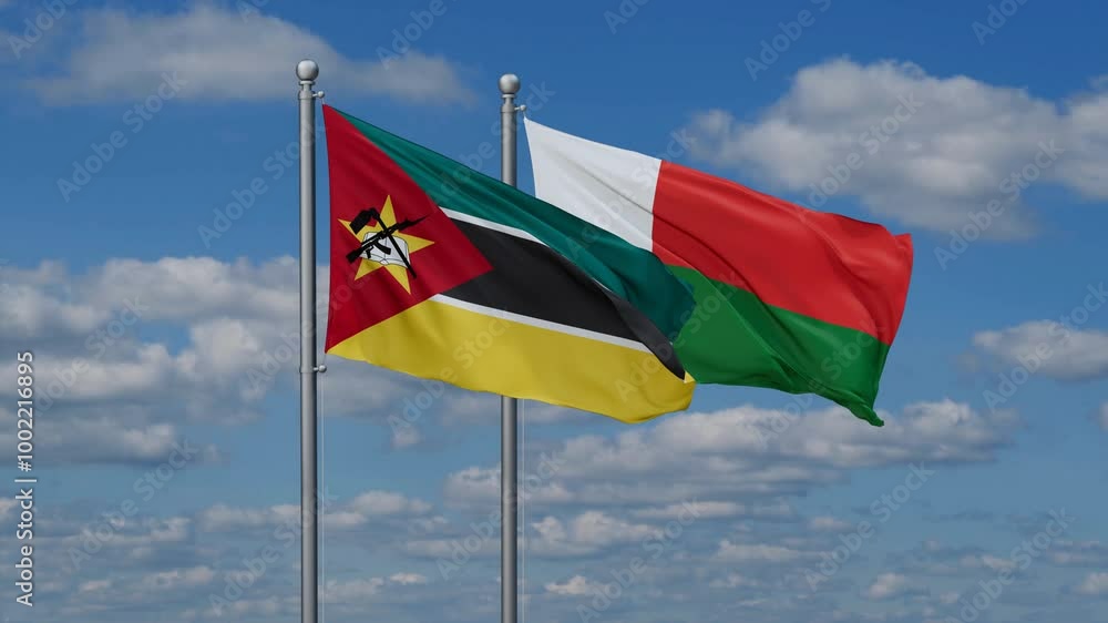 Madagascar and Mozambique flags flying together, video concept of the relationship, two country relations concept Madagascar and Mozambique flags flying together, video concept of the relationship, two country relations concept