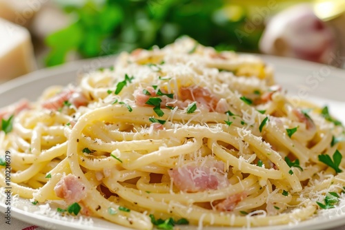 A plate of classic spaghetti carbonara with pancetta, Parmesan cheese, and a creamy sauce, garnished with fresh parsley. Copy space