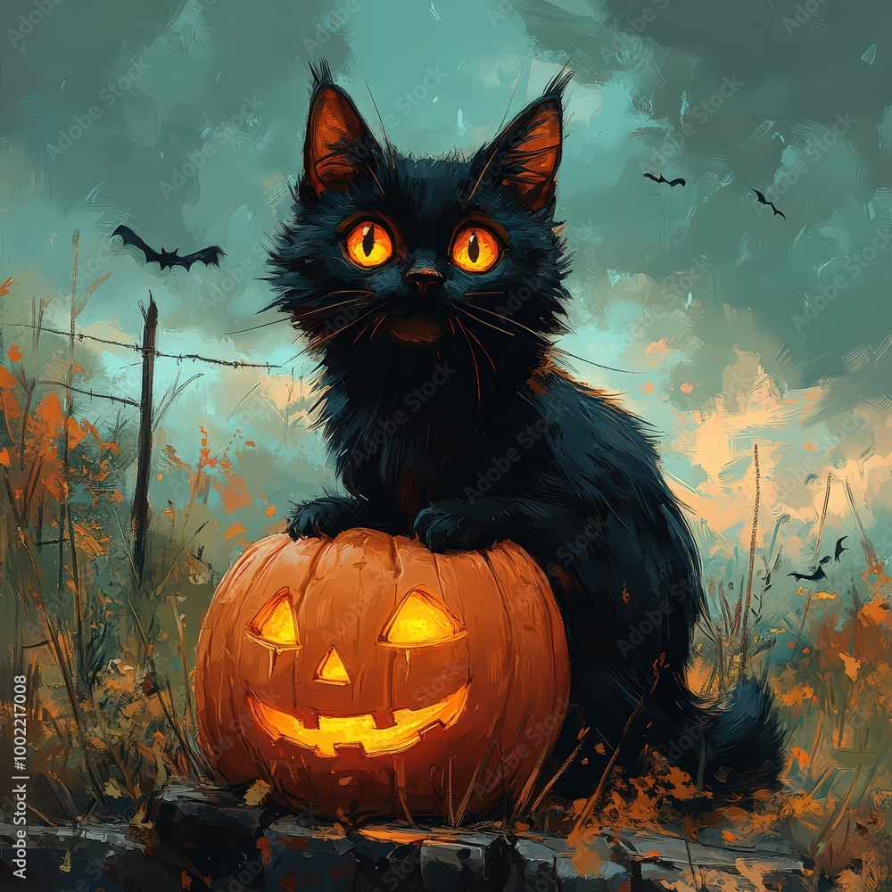 Illustration of a black cat with glowing eyes sitting on a Halloween pumpkin Illustration of a black cat with glowing eyes sitting on a Halloween pumpkin
