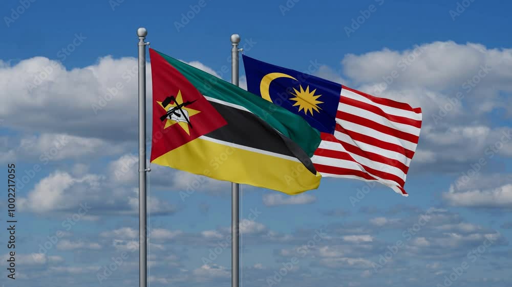 Malaysia and Mozambique flags flying together, video concept of the relationship, two country cooperation concept Malaysia and Mozambique flags flying together, video concept of the relationship, two country cooperation concept