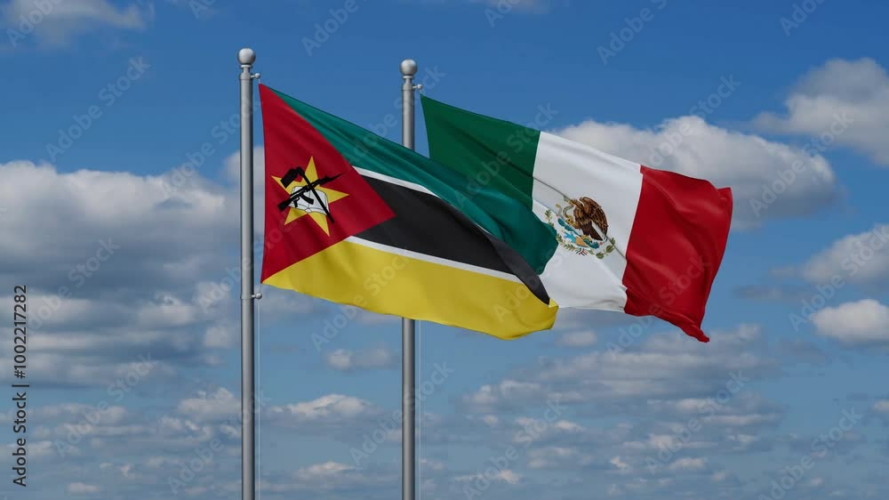 Mexico and Mozambique flags flying together, video concept of the relationship, two country relations concept Mexico and Mozambique flags flying together, video concept of the relationship, two country relations concept