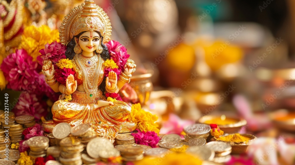 Golden Hindu Deity Statue Surrounded by Coins and Flowers Golden Hindu Deity Statue Surrounded by Coins and Flowers