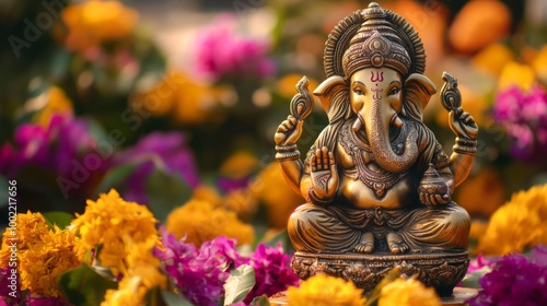 Golden Ganesha Statue Surrounded by Colorful Flowers