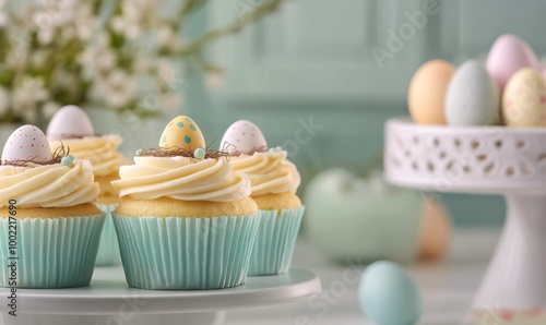 Easter-themed cupcakes decorated with colorful eggs and nests on a festive ta...